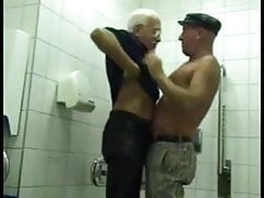 Old men fuck in public restroom