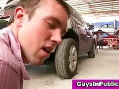 Gay facial in a garage