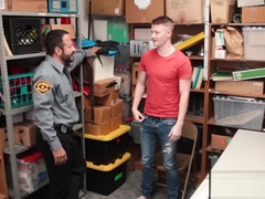 Bearded security officer pounding young thiefs tight ass