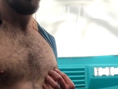 Fuzzy youngster Fap's off and stretches cheeks in a public douche