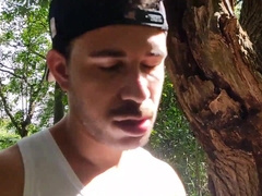 2 bikers having fucky-fucky behind a factory total of bushes.