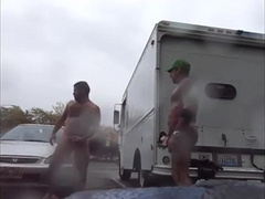 Guys Very Public Rainy Stroking in parking lot
