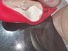 Sissy CD Slut pissing in heels and then putting them on