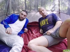 Skyy Knox and Tony D'Angelo stroke their cocks together in a tent