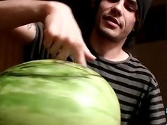 Straight studs make holes in watermelons before fucking them together