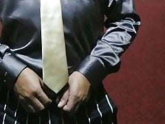 Masturbating in satin shirt and tie