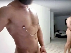 Muscular hunk uses Erocome Taurus masturbator during his hot gay livestream
