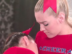 Watch these hot cheerleaders in mini skirts and lingerie licking each other's pussies!