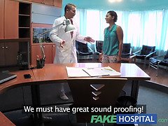 Sexy nurse in uniform bangs patient hard after catching him masturbating in the waiting room