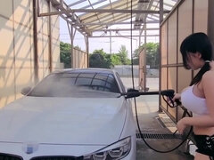Sexy Korean woman washing her car - Asian