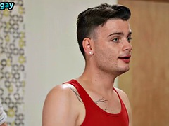 21 year old twink deepthroats and his muscular best friend in the kitchen be4 analfuck