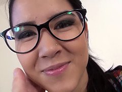 Lady Dee, the cute teen in glasses, goes wild with rough sex and cum on glasses