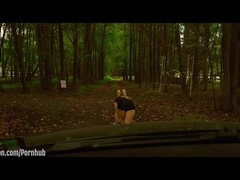 Sweet submissive girl drink piss in the woods before crawling to her domination session