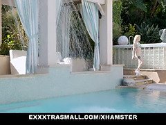 Small gal Lola Fae doing yoga in bathing suit and fucking step mom's bf