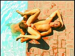 Bottom gets his tight ass fucked hard next to poolside