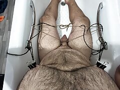 Cock and nipple bondage in the bath with hands free cumshot at the end