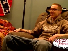 Nerdy dude with glasses jerking off his action starving cock