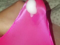 Cumming in new pink satin thong