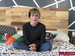 Good looking twink has an interview and jerks it off solo