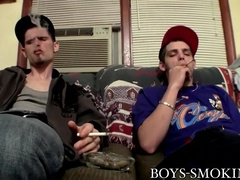 Hetero men Drac and Nolan masturbate off spears while smoking