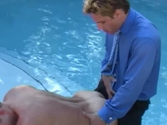 Pool guy pleasing this hard dick in public