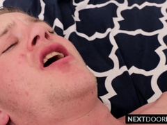 Handsome gay guy strokes his erect cock while ass fucked