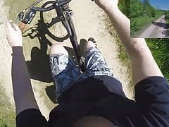 Riding and strolling naked in public nature in daylight POV