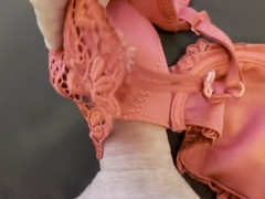 Spurting on my wife's fiery red lace bra (80 D) - Masturbation frenzy