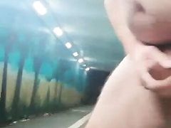 Public strip, jerk and cum in tunnel