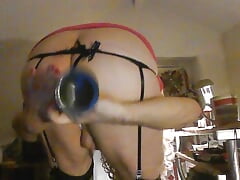 Sissy crossdresser cumdump inserts big, black dildo up her lady hole, wanks, smokes