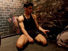 Muscular gamer dude shows off his ripped abs and strokes his big dick