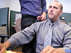 Office stud wanking pecker during assfuck trio