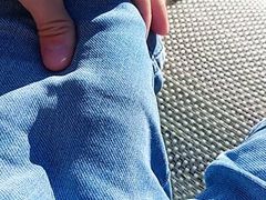 Massaging big cock bulge through pants in the garden