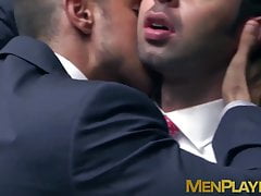 Inked muscle businessmen fuck doggystyle during office hours