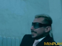 Blindfolded businessman Dani Rivera sucked dildo and fucked