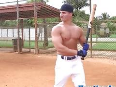 Baseball jock wanks cum during anal fucking
