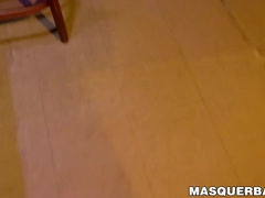 Buff stud strips nude to masturbate passionately behind bar