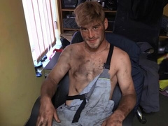 Blonde mechanic boy lifts his balls and legs during POV fucking