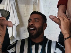 Hairy male gets fucked by football players in serious threesome