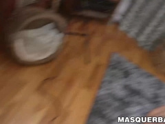 Young jock with muscular physique solo action while masked