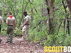 Dirty hung Scout leader barebacks scout in tent in forest