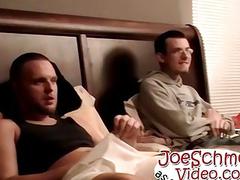 Two straight friends jerk off next to each other in the bedroom