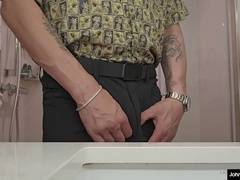 Muscular stud johnholmesjunior strokes his enormous white cock during a solo shower scene, shooting a monumental load on a sea voyage