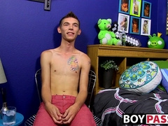 Skinny gay Bentley Ryan interviewed and jerking off to cum