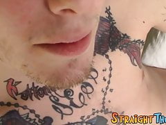 Tattooed straight thug plays with his small cock and cums