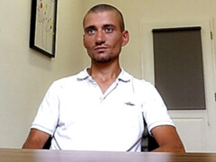 Gaunt bald dude spreads his legs on a casting