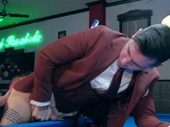 Appealing men in sexy suits fuck by the pool table