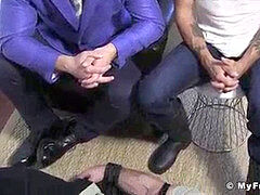 Mature smooth-shaven fellow bound and tortured with feet on his face