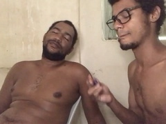 He loves it when I tug on his balls - Gay black dude gets handjob and cumshot