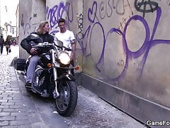 Muscle biker enjoys first time gay blowjob and sex